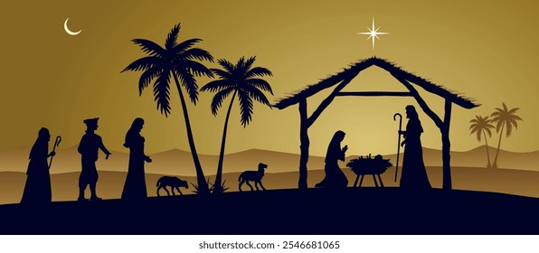 Christmas Nativity scene background. Jesus Christ infant born in the desert setting. Vector illustration.