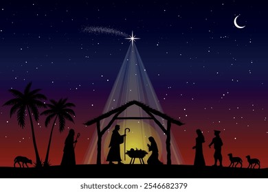 Christmas Nativity scene background. Jesus Christ infant born in the night setting. Vector illustration.