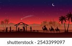 Christmas Nativity scene background. The Three Wise Men arrive at the hut. Desert setting at night. Vector illustration.