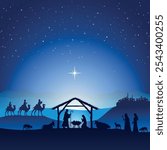 Christmas Nativity scene background. The Three Wise Men arrive at the hut. Desert setting at night. Vector illustration.