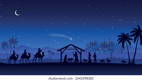 Natal cena de Natal fundo. Os Três Sábios chegam à cabana. Deserto à noite. Ilustração vetorial.