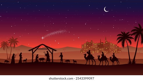 Navidades Fondo del belén. Los Reyes Magos llegan a la cabaña. Puesta del desierto en la noche. Ilustración vectorial.