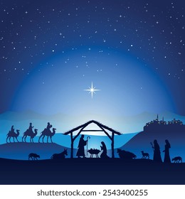 Christmas Nativity scene background. The Three Wise Men arrive at the hut. Desert setting at night. Vector illustration.