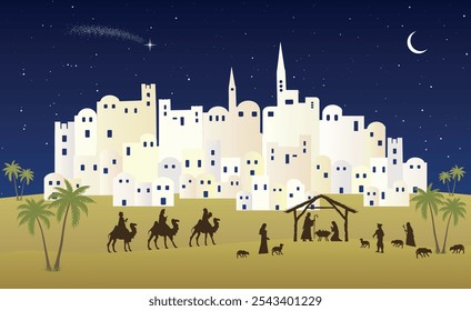 Christmas Nativity scene background. Three Wise Men arrive to the hut in the desert. Vector illustration.