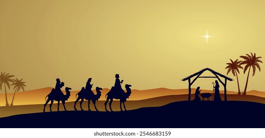 Christmas Nativity scene background. The Three Wise Men arrive at the hut. Desert setting. Vector illustration.