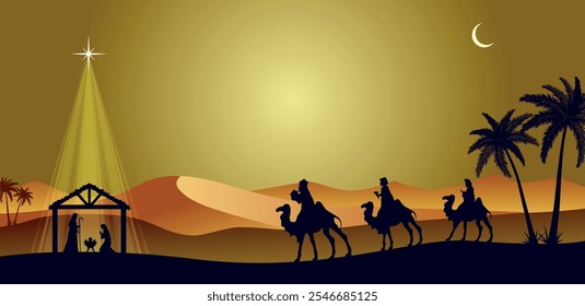 Christmas Nativity scene background. The Three Wise Men arrive at the hut. Desert setting. Vector illustration.