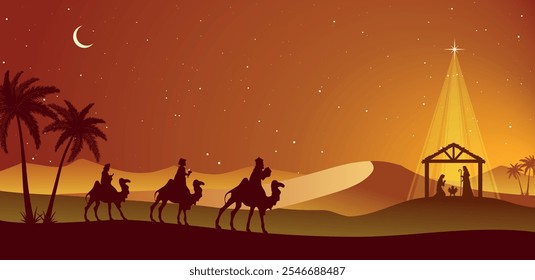 Christmas Nativity scene background. The Three Wise Men arrive at the hut. Desert setting at night. Vector illustration.