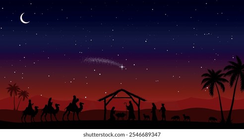 Christmas Nativity scene background. The Three Wise Men arrive at the hut. Desert setting at night. Vector illustration.