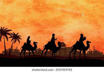 Christmas Nativity scene background. Three Wise Men journey in the desert to Bethlehem. Vector illustration EPS10.