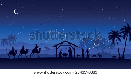 Christmas Nativity scene background. The Three Wise Men arrive at the hut. Desert setting at night. Vector illustration.