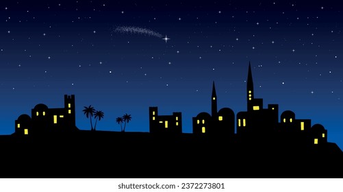 Christmas nativity scene: Bethlehem city skyline in the desert at night.