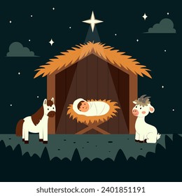 Christmas nativity scene of born child baby Jesus Christ in the manger. Biblical scene. Vector illustration.