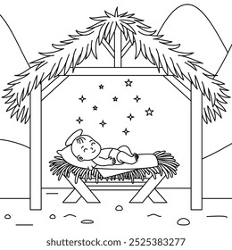 Christmas nativity scene of born child baby Jesus Christ in the manger. Biblical scene. Outline Coloring Page. Christmas and Winter Illustration 