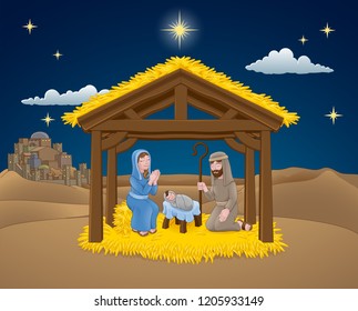 Una caricatura navideña, con el bebé Jesús, María y José en el pesebre. La ciudad de Belén y la estrella arriba. Ilustración religiosa cristiana.