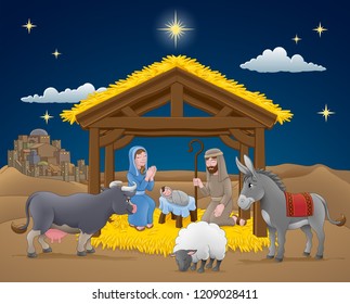 A Christmas nativity scene cartoon, with baby Jesus, Mary and Joseph in the manger with donkey and other animals. The City of Bethlehem and star above. Christian religious illustration.