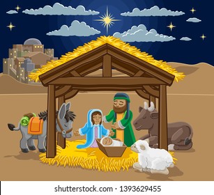 A Christmas nativity scene cartoon, with baby Jesus, Mary and Joseph in the manger and donkey and other animals. The City of Bethlehem and star above. Christian religious illustration.