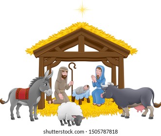 A Christmas nativity scene cartoon, with baby Jesus, Mary and Joseph in the manger with donkey and other animals and star above. Christian religious illustration.