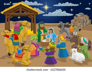 Caricatura de la escena navideña, niño Jesús, María José en el conserje con tres hombres sabios, pastor y burro y otros animales. La ciudad de Belén y la estrella arriba. Ilustración religiosa cristiana.