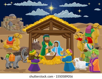 Christmas nativity scene cartoon. Baby Jesus, Mary and Joseph in manger, three wise men, shepherd and donkey and other animals. The City of Bethlehem and star above. Christian religious illustration.