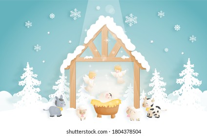 A Christmas nativity scene cartoon, with baby Jesus, in the manger with angel, donkey and other animals. Christian religious illustration.