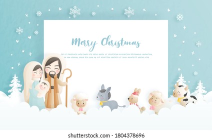 A Christmas nativity scene cartoon, with baby Jesus, Mary and Joseph in the manger with donkey and other animals. Christian religious illustration.