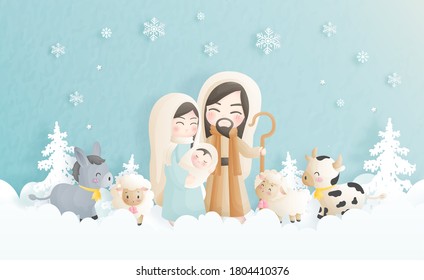 A Christmas nativity scene cartoon, with baby Jesus, Mary and Joseph in the manger with donkey and other animals. Christian religious illustration.