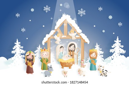 A Christmas nativity scene cartoon, with baby Jesus, Mary and Joseph in the manger with donkey and other animals. Christian religious illustration.