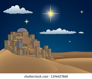 A Christmas nativity scene cartoon, with the City of Bethlehem and the star above. Christian religious illustration.