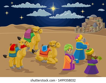 Una caricatura navideña, con tres sabios o magos y sus camellos llegando con sus regalos. La ciudad de Belén y la estrella arriba. Ilustración religiosa cristiana.