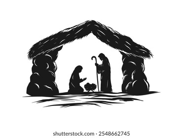 Christmas Nativity Scene in the cave at night