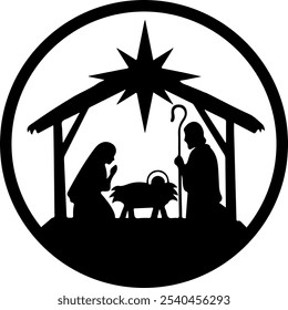 Christmas nativity scene clip art design on plain white transparent isolated background for card, shirt, hoodie, sweatshirt, apparel, card, tag, mug, icon, poster or badge