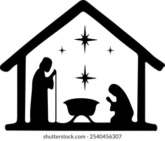 Christmas nativity scene clip art design on plain white transparent isolated background for card, shirt, hoodie, sweatshirt, apparel, card, tag, mug, icon, poster or badge