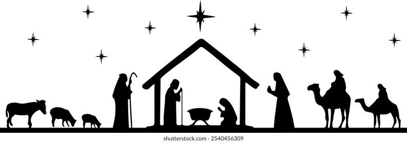 Christmas nativity scene clip art design on plain white transparent isolated background for card, shirt, hoodie, sweatshirt, apparel, card, tag, mug, icon, poster or badge