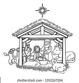 A Christmas nativity scene coloring cartoon  and baby Jesus  Mary   Joseph in the manger   donkey   other animals  The City Bethlehem   star above  Christian religious illustration 