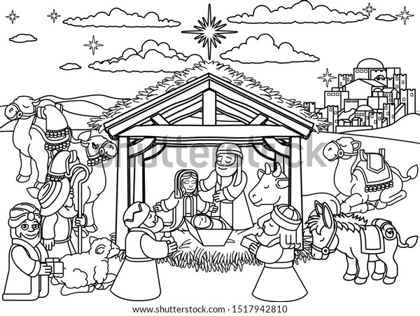 christmas nativity scene coloring cartoon baby stock vector