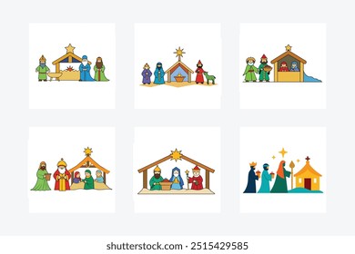 A Christmas Nativity scene depicts the birth of Jesus, featuring Mary, Joseph, baby Jesus in a manger, shepherds, wise men, angels, and animals, symbolizing peace and hope.