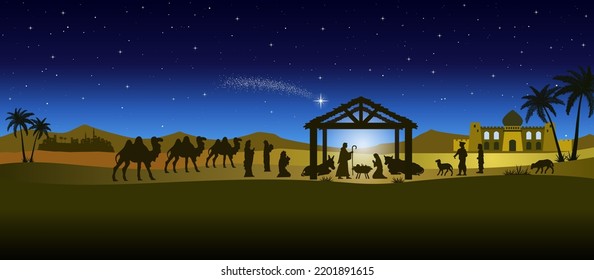 Christmas Nativity scene in the desert greeting card background. Vector EPS10.