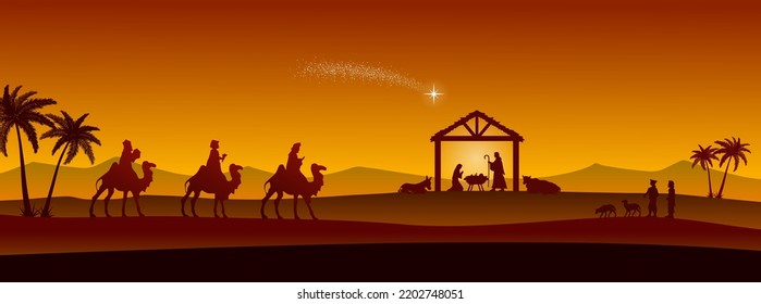 Christmas Nativity scene in the desert greeting card background. Vector EPS10.