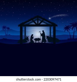 Christmas Nativity scene in the desert greeting card background. Vector EPS10.