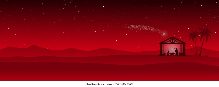 Christmas Nativity scene in the desert greeting card background. Vector EPS10.