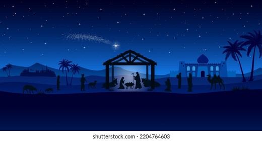 Christmas Nativity scene in the desert greeting card background. Vector EPS10.