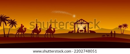 Christmas Nativity scene in the desert greeting card background. Vector EPS10.