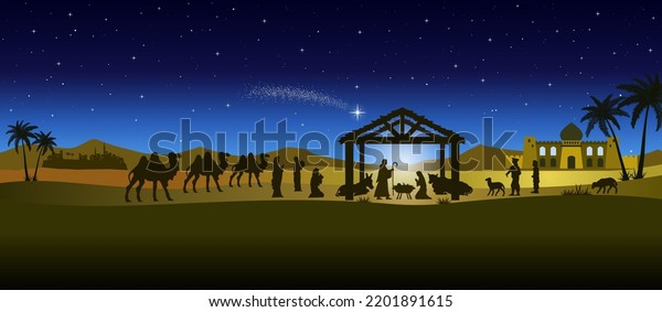 Christmas Nativity Scene Desert Greeting Card Stock Vector (Royalty Free) 2201891615 | Shutterstock