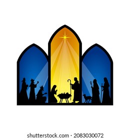 Christmas Nativity scene greeting card background, biblical illustration. Vector EPS10.