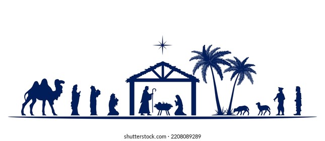 Ilustración de tarjetas de felicitación de la escena de la Natividad de Navidad. Silhouettes azules aisladas de fondo blanco. EPS10 vectores.