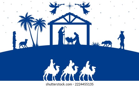 Christmas Nativity scene greeting card illustration. Blue silhouettes isolated on white background. Vector EPS10.