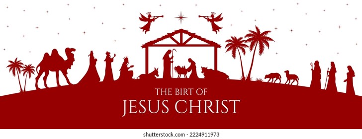 Christmas Nativity scene greeting card illustration. Red silhouettes isolated on white background. Vector EPS10.