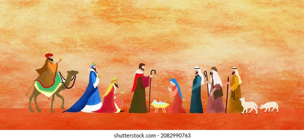 Christmas Nativity scene. Hand drawn background illustration. Vector EPS10.