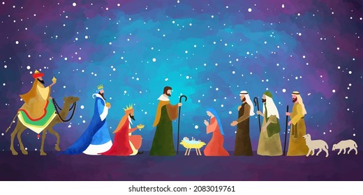 Christmas Nativity scene. Hand drawn background illustration. Vector EPS10.