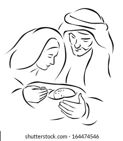 Christmas nativity scene with holy family - baby Jesus, virgin Mary and Joseph (vector illustration)